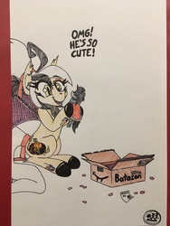 Size: 3024x4032 | Tagged: safe, artist:gtx, king sombra, oc, oc only, oc:fever dream, bat pony, pony, bat pony oc, female, mare, package, packing peanuts, plushie, solo, traditional art