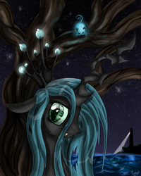 Size: 800x1000 | Tagged: source needed, safe, artist:hilloty, queen chrysalis, changeling, changeling queen, mouse, g4, cute, cutealis, female, lighthouse, night, ocean, solo, tree