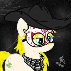 Size: 2048x2048 | Tagged: safe, artist:kobato98, oc, oc only, oc:klever, earth pony, pony, black background, cowboy hat, female, handkerchief, hat, heterochromia, high res, mask, ponified, simple background, solo