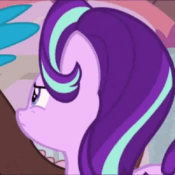 Size: 350x350 | Tagged: safe, edit, edited screencap, editor:axal-5, screencap, discord, starlight glimmer, draconequus, pony, unicorn, a matter of principals, g4, season 8, animated, boop, cropped, female, food, frown, gif, glare, gritted teeth, male, mare, nose wrinkle, ouch, popcorn, rubbing, sad, solo focus, text edit, violent booping, wide eyes