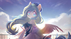 Size: 1280x712 | Tagged: safe, artist:dreamsugar, oc, oc only, pegasus, pony, backlighting, cloud, cute, female, looking at you, looking back, mare, sailor uniform, signature, sky, smiling, solo, spread wings, uniform, windswept mane, wings