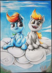 Size: 1849x2601 | Tagged: safe, artist:thatdreamerarts, derpy hooves, rainbow dash, pegasus, pony, g4, cloud, duo, female, folded wings, mare, mood contrast, on a cloud, sitting, traditional art, varying degrees of amusement, wings