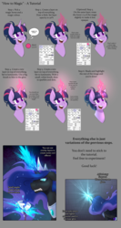 Size: 1280x2403 | Tagged: safe, artist:cosmalumi, nightmare moon, twilight sparkle, alicorn, pony, unicorn, g4, angry, guide, magic, smiling, tutorial