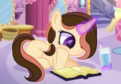 Size: 971x670 | Tagged: safe, artist:verona-5i, oc, oc only, oc:miragen stellaire, pony, unicorn, book, female, filly, magic, offspring, parent:feather bangs, parent:rarity, parents:raribangs, prone, solo