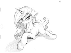 Size: 2048x1536 | Tagged: safe, alternate version, artist:alcor, princess celestia, pony, unicorn, g4, bedroom eyes, cheek fluff, chest fluff, eyelashes, female, floppy ears, horn, looking at you, mare, monochrome, pose, prone, race swap, raised eyebrow, sexy, simple background, sketch, solo, sultry pose, unicorn celestia, white background