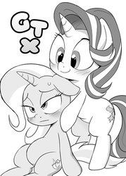 Size: 715x1000 | Tagged: safe, artist:k-nattoh, starlight glimmer, trixie, pony, unicorn, g4, belly, bipedal, blushing, chubby, cover, cute, diatrixes, doujin, duo, duo female, female, frown, glimmerbetes, lesbian, mare, monochrome, ship:startrix, shipping, simple background, smiling, sweat, text, white background
