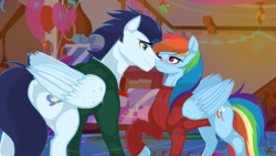 Size: 1920x1080 | Tagged: safe, artist:pimpartist101, rainbow dash, soarin', pegasus, pony, g4, christmas, clothes, female, holiday, holly, holly mistaken for mistletoe, looking at each other, male, mare, ship:soarindash, shipping, smiling, stallion, straight, sweater