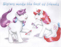 Size: 1019x784 | Tagged: safe, artist:fvonj, glory, moondancer (g1), pony, unicorn, g1, bow, duo, female, ponies playing with ponies, tail bow, traditional art, younger