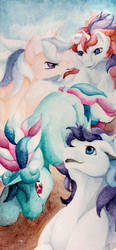 Size: 610x1310 | Tagged: safe, artist:lulabys-melody, fizzy, glory, moondancer (g1), twilight, pony, twinkle eyed pony, unicorn, g1, race, traditional art, watercolor painting