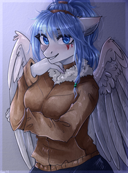 Size: 530x715 | Tagged: safe, artist:alicesmitt31, oc, oc only, oc:valkyrie, pegasus, anthro, anthro oc, clothes, coat, female, mare, smiling, solo