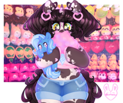 Size: 3304x2766 | Tagged: safe, artist:bunxl, trixie, oc, pony, unicorn, anthro, g4, arm hooves, cotton candy, duo, female, heart, heart eyes, high res, mare, rainbow eyes, simple background, sparkly eyes, starry eyes, transparent background, wingding eyes