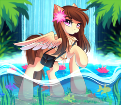 Size: 3333x2881 | Tagged: safe, artist:airiniblock, oc, oc only, fish, pegasus, pony, rcf community, commission, female, flower, flower in hair, high res, mare, smiling, solo, water, waterfall