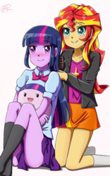Size: 750x1200 | Tagged: safe, artist:tastyrainbow, sunset shimmer, twilight sparkle, equestria girls, g4, blushing, clothes, cute, duo, happy, pleated skirt, schrödinger's pantsu, simple background, skirt, socks, twibutt, upskirt denied, white background