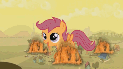 Size: 800x450 | Tagged: safe, artist:luffyiscool, scootaloo, pegasus, pony, g4, animated, appleloosa, burning, cute, cutealoo, female, filly, fire, giant pony, gif, grimcute, happy, jumping, looking up, loop, macro, on fire, open mouth, pronking, smiling, solo, some mares just want to watch the world burn, spread wings, wat, wings, youtube link