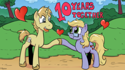 Size: 2880x1620 | Tagged: safe, artist:pony-berserker, oc, oc only, oc:szafalesiaka, unnamed oc, earth pony, pony, unicorn, 10, 2018, anniversary, anniversary art, caption, couple, english, female, glasses, grass, happy, heart, holding hooves, looking at each other, love, male, mare, number, open mouth, outdoors, path, shipping, side view, smiling, stallion, standing, touching hooves, tree