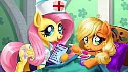 Size: 1280x720 | Tagged: safe, applejack, fluttershy, earth pony, pegasus, pony, g4, applejack stomach care, bed, blanket, clipboard, duo, female, flash game, folded wings, indoors, looking at you, mare, nurse, nurse outfit, wings, yogurt
