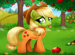 Size: 818x602 | Tagged: safe, applejack, earth pony, pony, worm, g4, apple, apple tree, applejack stomach care, female, flash game, flower, food, green face, sick, solo, tongue out, tree