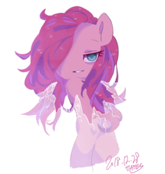 Size: 1420x1500 | Tagged: safe, artist:potetecyu_to, pinkie pie, earth pony, pony, g4, alternate hairstyle, broken glass, female, hair over one eye, heart eyes, looking at you, mare, messy mane, pinkamena diane pie, solo, wingding eyes
