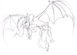 Size: 1280x923 | Tagged: safe, artist:carnivorouscaribou, fluttershy, bat pony, pony, g4, bat ponified, bat wings, female, flutterbat, flying, hissing, looking at you, menacing, monochrome, open mouth, race swap, solo, spread wings, traditional art, wings