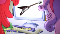 Size: 1256x720 | Tagged: safe, edit, edited screencap, screencap, apple bloom, sweetie belle, equestria girls, g4, my little pony equestria girls, apple bloom's bow, bow, computer, electric guitar, gibson flying v, guitar, hair bow, hairband, musical instrument