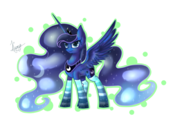 Size: 1400x1000 | Tagged: dead source, safe, artist:hilloty, princess luna, alicorn, pony, g4, clothes, female, simple background, socks, solo, spread wings, striped socks, transparent, transparent background, wings