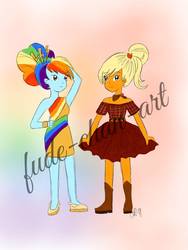 Size: 1080x1440 | Tagged: safe, artist:fude-chan-art, applejack, rainbow dash, equestria girls, g4, alternate hairstyle, applejack also dresses in style, armpits, clothes, dress, female, lesbian, obtrusive watermark, rainbow dash always dresses in style, ship:appledash, shipping, watermark