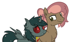 Size: 600x356 | Tagged: safe, artist:sinamuna, oc, oc only, oc:mothwing, oc:show stopper, changeling, earth pony, pony, base used, borrowed oc, changeling oc, changeling wings, facial hair, fangs, female, green eyes, green hair, horn, male, nextgen:sinverse, oc x oc, offspring, offspring shipping, parent:button mash, parent:sweetie belle, parents:sweetiemash, pink hair, red eyes, sassy, shipping, simple background, smiling, smirk, straight, stubble, transparent background