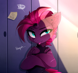 Size: 3333x3133 | Tagged: safe, artist:magnaluna, tempest shadow, pony, unicorn, g4, broken horn, chest fluff, crossed arms, ear fluff, ear piercing, explicit source, eye scar, female, high res, horn, lockers, mare, piercing, post-it, scar, solo, sticky note, tongue out, tongue piercing