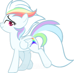 Size: 630x618 | Tagged: safe, artist:sinamuna, oc, oc only, oc:sonico, pegasus, pony, alternate universe, base used, female, magical lesbian spawn, mare, next generation, nextgen:sinverse, offspring, parent:fleetfoot, parent:rainbow dash, parents:fleetdash, pink eyes, rainbow hair, smug, solo, watermark, white hair