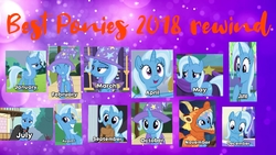 Size: 2048x1152 | Tagged: safe, edit, edited screencap, screencap, trixie, all bottled up, g4, magic duel, to where and back again, uncommon bond, 2018, cape, clothes, collage, cute, diatrixes, dragon costume, hat, mouth hold, rewind, smug, text edit, trixie's cape, trixie's hat
