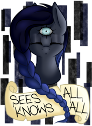 Size: 1024x1397 | Tagged: safe, artist:blocksy-art, oc, oc only, oc:oculus noctis, pony, abstract background, braid, bust, eyes closed, female, mare, not nightmare moon, portrait, solo, third eye