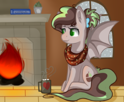 Size: 2750x2250 | Tagged: safe, artist:blocksy-art, oc, oc only, oc:cocoa dot, bat pony, pony, bat pony oc, clothes, female, fireplace, high res, mare, mug, scarf, sitting, solo