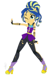 Size: 1490x2170 | Tagged: safe, artist:ilaria122, oc, oc only, oc:shining swirls, equestria girls, g4, boots, clothes, female, fingerless gloves, gloves, leather leggings, next generation, offspring, one eye closed, parent:flash sentry, parent:sunset shimmer, parents:flashimmer, ponied up, ripped pants, shoes, simple background, smiling, solo, transparent background