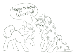 Size: 700x504 | Tagged: safe, artist:laceymod, oc, oc:invidia, oc:waterlily, earth pony, kelpie, pony, unicorn, animated, birthday, caption, dialogue, duo, female, flower, flower in hair, gif, gif with captions, lineart, looking at each other, mare, monochrome, profile, speech bubble, stomping
