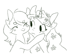 Size: 685x525 | Tagged: safe, artist:laceymod, oc, oc:invidia, oc:waterlily, earth pony, kelpie, pony, unicorn, animated, bust, dialogue, dialogue in the description, duo, flower, flower in hair, gif, hug, lineart, monochrome, squishy cheeks