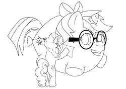 Size: 1600x1132 | Tagged: safe, artist:arrowny18, pinkie pie, oc, oc:cali, balloon pony, pony, unicorn, g4, balloon, bow, commission, glasses, lineart, living object, simple background, smiling, white background