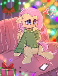 Size: 1635x2130 | Tagged: safe, artist:pesty_skillengton, fluttershy, pony, g4, blushing, bottomless, chair, clothes, commission, confused, covering mouth, cute, daaaaaaaaaaaw, featureless crotch, female, floppy ears, garland, hall, headphones, heart eyes, iphone, partial nudity, present, shyabetes, sitting, smiling, solo, sweater, sweatershy, three quarter view, tree, wingding eyes, ych result