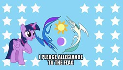 Size: 850x486 | Tagged: safe, twilight sparkle, alicorn, pony, g4, the times they are a changeling, 1000 years in photoshop, alliance, caption, flag of equestria, image macro, impact font, meme, patriotic, pledge, shitposting, text, twilight sparkle (alicorn)