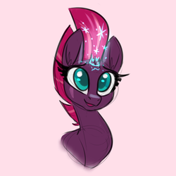 Size: 700x700 | Tagged: safe, artist:ponygoggles, fizzlepop berrytwist, tempest shadow, pony, unicorn, g4, broken horn, bust, cute, eye scar, female, horn, looking at you, magic, mare, portrait, scar, simple background, sketch, smiling, solo, sparking horn, tempestbetes