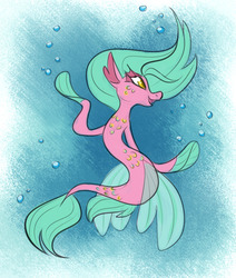 Size: 916x1080 | Tagged: safe, artist:ponygoggles, oc, oc only, oc:water melon, seapony (g4), bubble, crepuscular rays, cute, dorsal fin, eyebrows, female, fin, fin wings, fins, fish tail, floppy ears, flowing mane, flowing tail, happy, mare, ocean, open mouth, open smile, scales, smiling, solo, sunlight, swimming, tail, traditional art, underwater, water, wings, yellow eyes