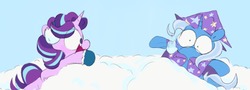 Size: 1280x461 | Tagged: safe, artist:pinkiespresent, starlight glimmer, trixie, pony, unicorn, g4, snow, snowball, snowball fight, trench warfare