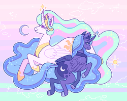 Size: 1280x1015 | Tagged: safe, artist:sillyrapids, princess celestia, princess luna, alicorn, horse, pony, g4, beautiful, butt, curved horn, cute, duo, ethereal mane, female, flowing mane, horn, jewelry, magic, mare, moon, moon work, plot, princess celestia is a horse, profile, regalia, royal sisters, siblings, sisters, smiling, sparkles, sun, sun work