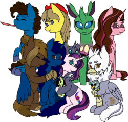 Size: 1186x1133 | Tagged: safe, artist:calibykitty, derpibooru exclusive, edit, editor:ciaran, gabby, oc, oc only, oc:devulsa, oc:elizabat stormfeather, oc:evening glitter, oc:gerbera, oc:hoxton, oc:liz (cardshark777), oc:midnight, oc:opacity, oc:silly scribe, oc:white lilly, alicorn, changedling, changeling, earth pony, griffon, hippogriff, pony, unicorn, 2019 community collab, derpibooru community collaboration, alicorn oc, blowing a party favor, changeling oc, clothes, cowboy hat, ear piercing, earring, eyebrow piercing, female, freckles, glasses, group, group hug, group photo, hat, hippogriff oc, hoodie, hug, jewelry, magical lesbian spawn, male, mare, next generation, offspring, parent:applejack, parent:starlight glimmer, parent:strawberry sunrise, parent:sunset shimmer, parents:applerise, parents:shimmerglimmer, party popper, piercing, plushie, pony plushie, simple background, sitting, smiling, smiling at you, stallion, transparent background, unshorn fetlocks, wall of tags, winghug