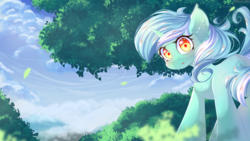 Size: 3840x2160 | Tagged: safe, artist:melloncollie-chan, lyra heartstrings, pony, unicorn, g4, cute, ear fluff, female, high res, looking at you, looking down, mare, open mouth, outdoors, solo, standing, tree