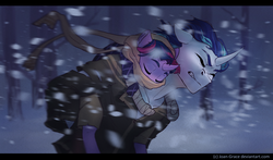 Size: 2300x1350 | Tagged: safe, artist:joan-grace, shining armor, twilight sparkle, unicorn, anthro, unguligrade anthro, g4, alternate universe, blizzard, brother and sister, clothes, curved horn, equestria's best brother, eyes closed, female, horn, male, rebellion, snow, snowfall, story in the comments, story in the source, unicorn twilight, winter, winter outfit
