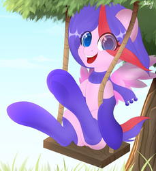 Size: 4288x4688 | Tagged: safe, artist:bestiary, oc, oc only, oc:myre, pegasus, pony, absurd resolution, clothes, cute, ocbetes, scarf, socks, swing, thigh highs, tree