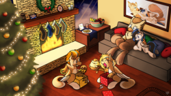 Size: 3840x2160 | Tagged: safe, artist:sugar morning, oc, oc only, oc:bolton, oc:kezzie, oc:quill (kezter), oc:quinn (bolton), griffon, pegasus, pony, apple, banana, bolzie, candle, christmas, christmas lights, christmas stocking, christmas tree, christmas wreath, cookie, couch, family, female, fireplace, food, fruit, griffon oc, happy, hearth, high res, holiday, mare, open mouth, ornament, parent:oc:bolton, parent:oc:kezzie, parents:bolzie, pillow, plate, present, smiling, tree, wreath