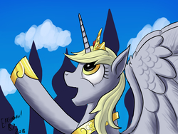 Size: 1024x768 | Tagged: safe, artist:earthquake87, derpy hooves, alicorn, pony, g4, alicornified, crown, derpicorn, hoof shoes, jewelry, looking up, princess, race swap, regalia, simple background, smiling, spread wings, video in description, waving, wings