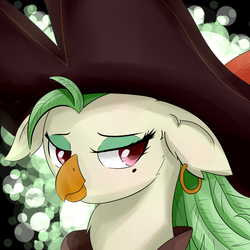 Size: 1000x1000 | Tagged: safe, artist:dashy21, captain celaeno, anthro, g4, my little pony: the movie, beautiful, beauty mark, bedroom eyes, clothes, ear piercing, earring, female, hat, jewelry, lidded eyes, piercing, pirate hat, seductive look, sexy, solo
