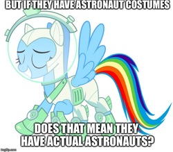 Size: 570x500 | Tagged: safe, edit, rainbow dash, pegasus, pony, g4, scare master, astrodash, astronaut, caption, clothes, costume, female, fridge logic, image macro, imgflip, mare, nightmare night costume, slowpoke, spacesuit, text, vector